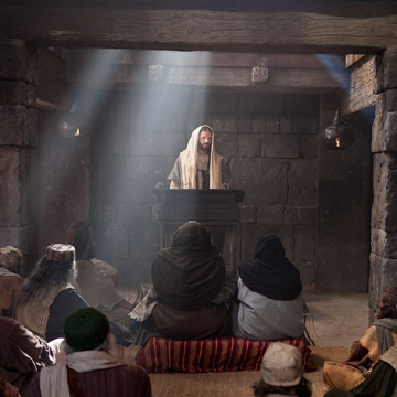 Jesus proclaiming in the synagogue, from The Life of Jesus Christ Bible Videos © www.lds.org.